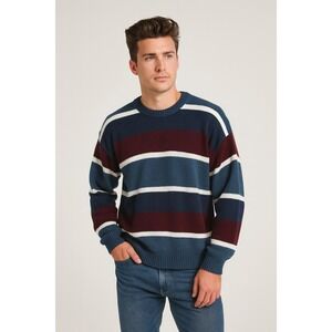 American Weekend Sweater Men 2XL Red Blue Striped Cable Knit Oversized Retro VTG